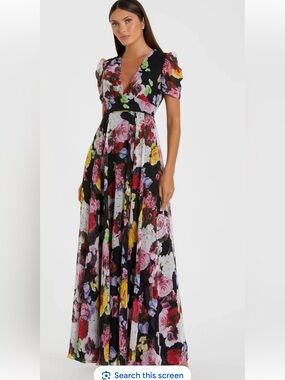 IEENA for MAC DUGGAL Black Floral Print Mesh Short Sleeve Gown V-Neck Maxi Dress